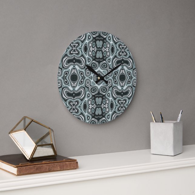 Seafoam Teal Green Grey Hip Bohemian Bali Art Large Clock (Office)