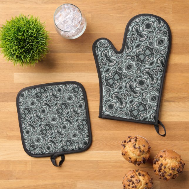 Seafoam Teal Green Grey Hip Bohemian Bali Art Oven Mitt & Pot Holder Set (Top Down)