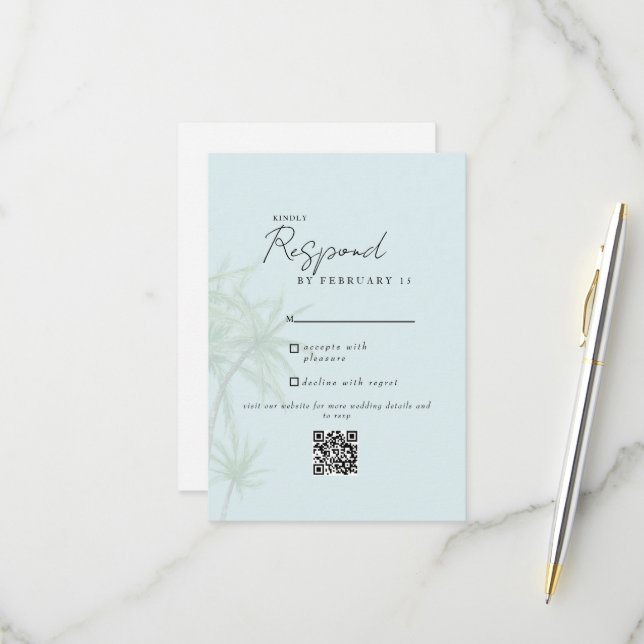 Seafoam Tropical Modern Wedding QR Code RSVP II Card (Front/Back In Situ)