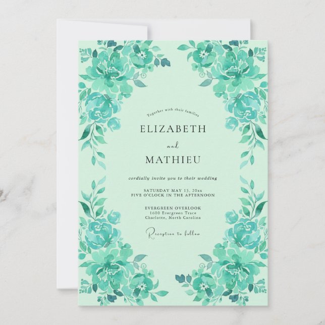 Seafoam Turquoise Peony Wedding Invitation (Front)