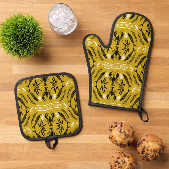 Seafood Art Decor Prints Oven Mitt & Pot Holder Set (Top Down)