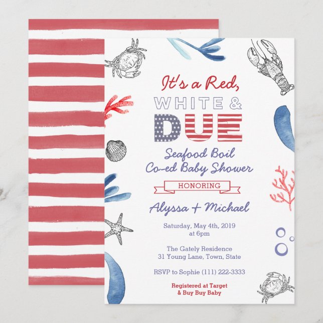 Seafood Boil Baby Shower, Red White and Due Blue Invitation (Front/Back)