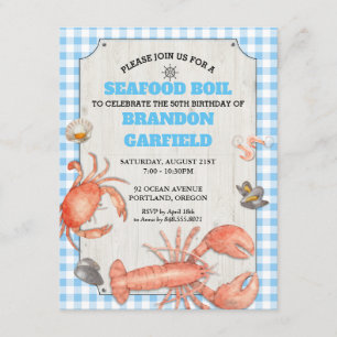 Seafood Boil Blue Gingham and Wood Party Invitation