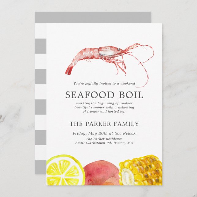 Seafood Boil Themed Party | Grey Stripes Invitation (Front/Back)