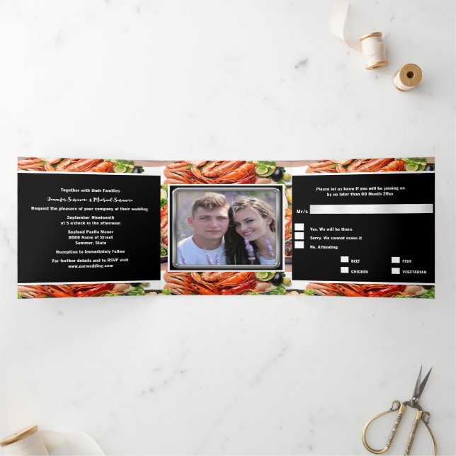 Seafood broil paella dinner rehearsal party Tri-Fold invitation (Inside)