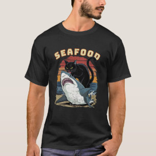 Seafood Cat Biting Shark Funny Ocean Sunset T-Shir T-Shirt