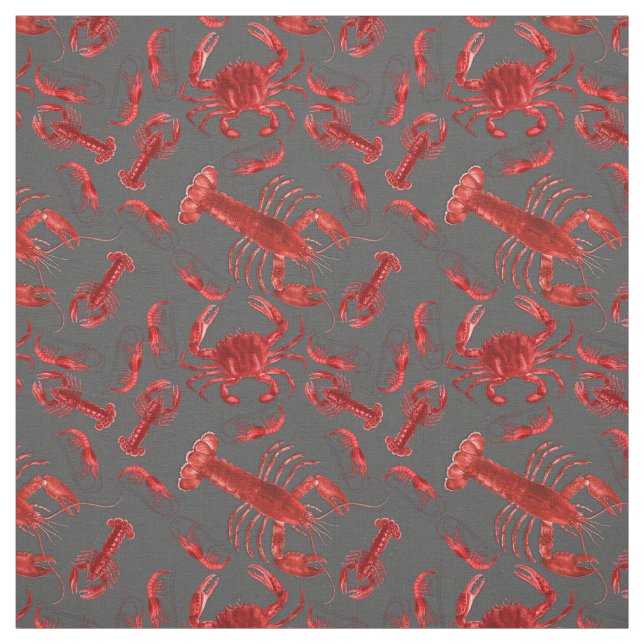 Seafood Pattern Crawfish Lobster Rustic Dark Grey  Fabric (Swatch)