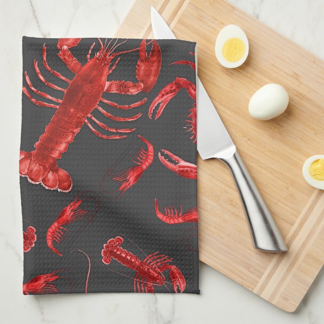 Seafood Pattern Dark Grey Rustic Crawfish Lobster Kitchen Towel (Quarter Fold)