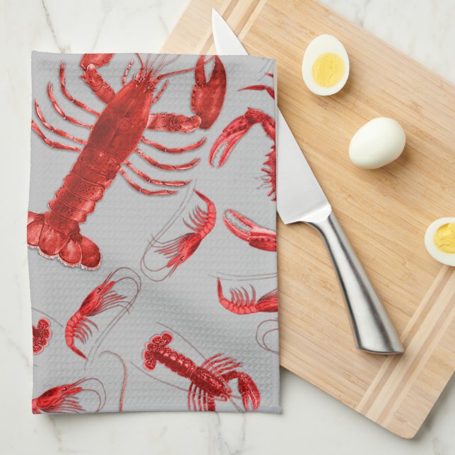 Seafood Pattern Light Grey Rustic Crawfish Lobster Kitchen Towel (Quarter Fold)