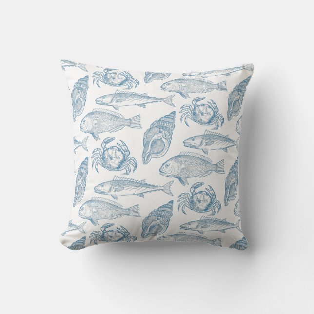 Seafood Restaurant Blue and White Aquatic Design Throw Pillow (Front)