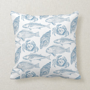 Seafood Restaurant Blue and White Aquatic Design Throw Pillow