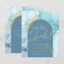 Seaglass INK Teal Aqua Blue Gold Wedding Save Date