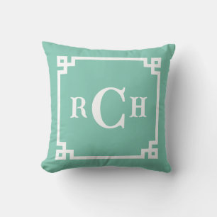 Seaglass Reverse Chinoiserie Greek Key Monogram Throw Pillow