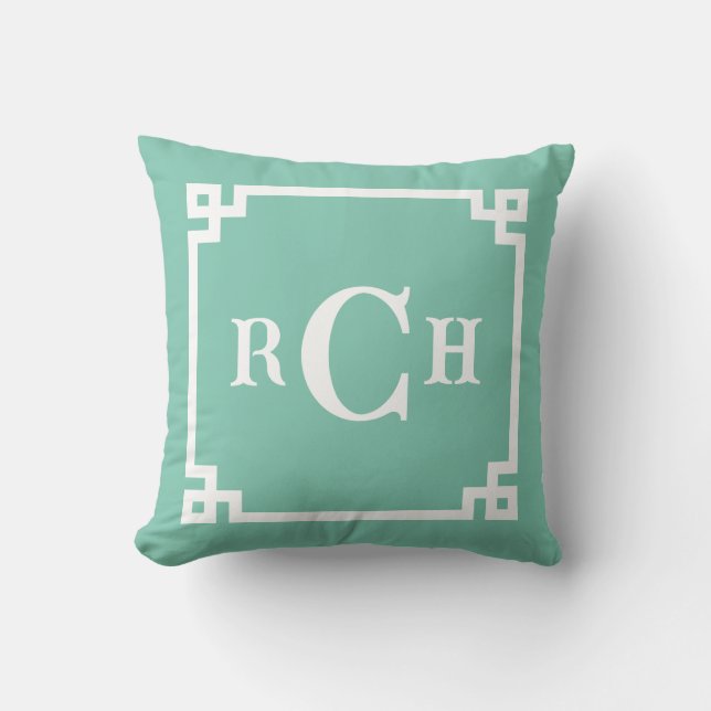 Seaglass Reverse Chinoiserie Greek Key Monogram Throw Pillow (Front)