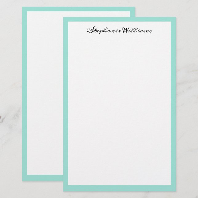 Seaglass Sea Green Border Custom Monogram Name Stationery (Front/Back)