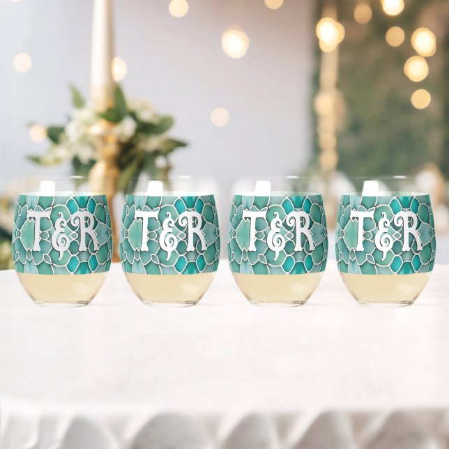 Seaglass Wedding Couple - His Hers pale green Stemless Wine Glass (Insitu (Wedding))