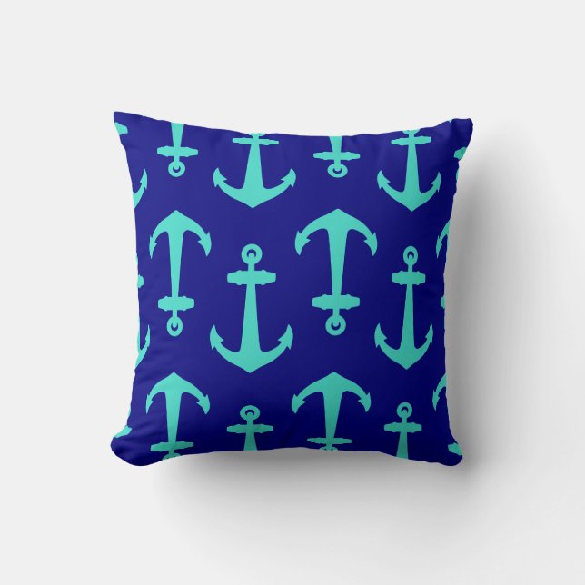 Seagreen Anchor On White Coastal Pattern Decor Throw Pillow (Front)