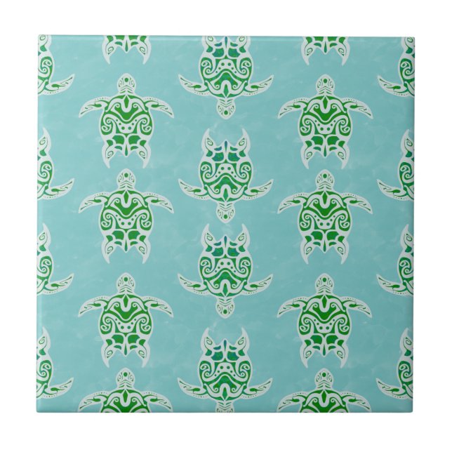 Seagreen Tribal Green Sea Turtles Tile (Front)