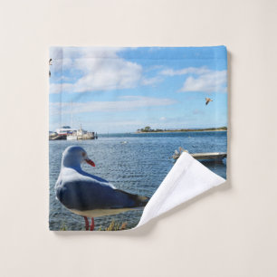 Seagull And Boats On Ocean, Washcloth Wash Cloth