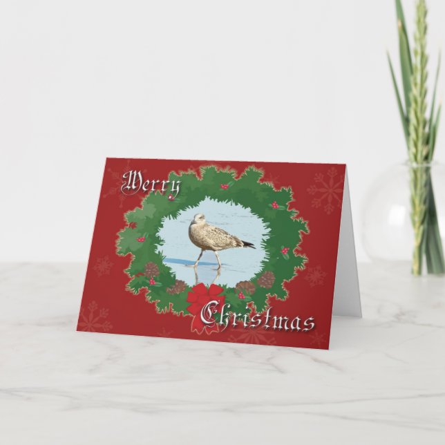 Seagull and Wreath Merry Christmas Greeting Card (Front)
