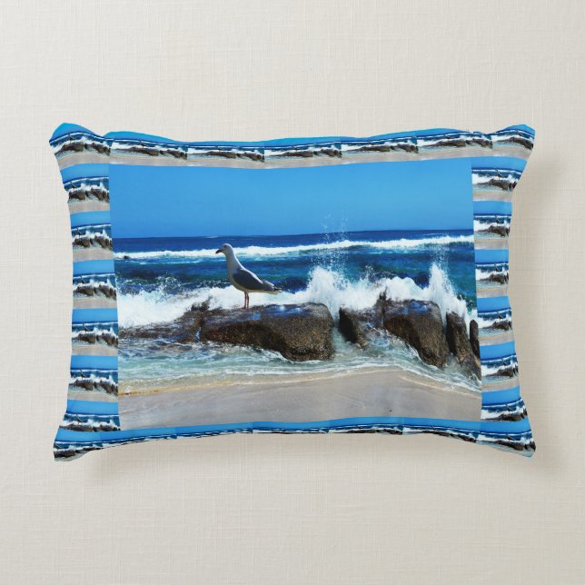 Seagull At The Beach On Rocks, Accent Pillow (Front)