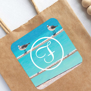 Seagull beach birds photography coastal monogram square sticker