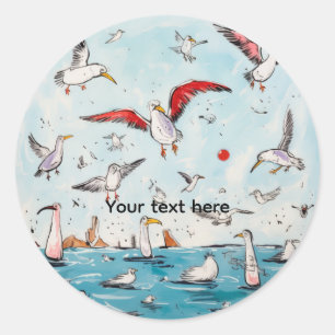 Seagull, bird, flying birds classic round sticker
