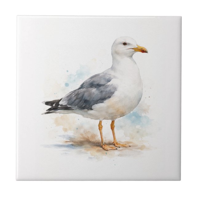 Seagull Bird Ocean Beach Watercolor Nautical Tile (Front)