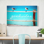 Seagull Birds Ocean Photo Good Vibes Typography Canvas Print<br><div class="desc">There are "good vibes" all around whenever you gaze this photography fine art canvas of happy, white and grey seagulls relaxing on a rope fence set against the turquoise ocean. Makes a great gift on any occasion! You can easily personalize this wall art plus I also offer customization on any...</div>