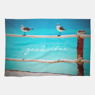 Seagull Birds Turquoise Ocean Photo Good Vibes Kitchen Towel