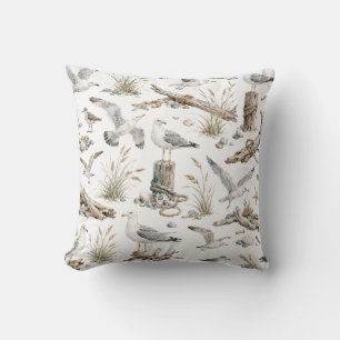 Seagull Coastal Driftwood Ocean Beach Nautical Throw Pillow