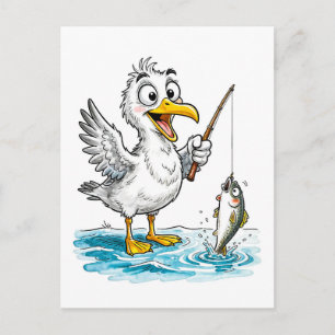 Seagull Fishing with Rod in Shallow Water Postcard