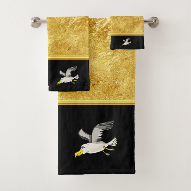 Seagull flying over head with a gold foil design bath towel set (Insitu)