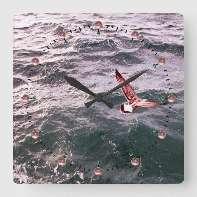 SEAGULL FLYING OVER THE SEA WAVES, Pink Gemstones Square Wall Clock (Front)