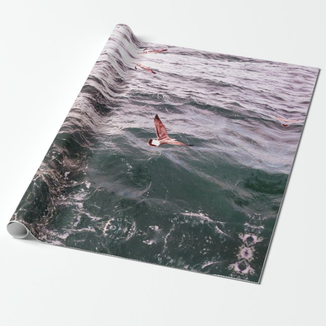 SEAGULL FLYING OVER THE SEA WAVES WRAPPING PAPER (Unrolled)
