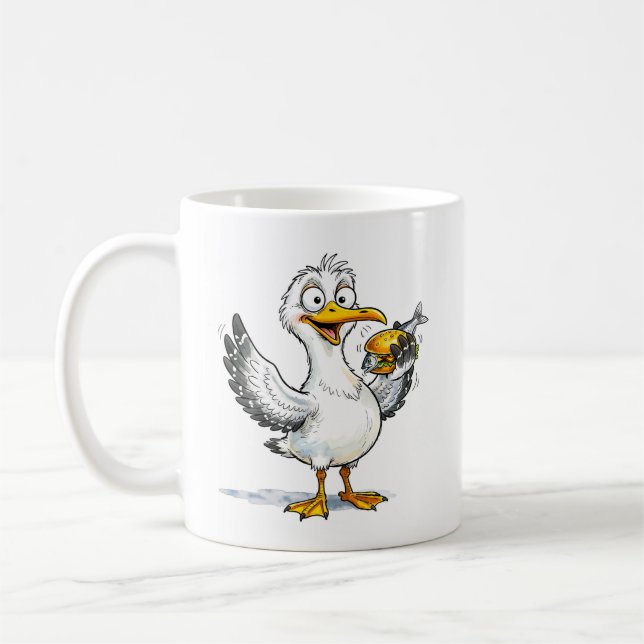 Seagull Holding Fish Sandwich at the Coast Coffee Mug (Left)