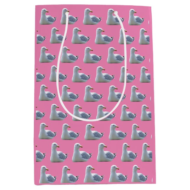 Seagull Laying Down – Pink Coastal Bird Art Medium Gift Bag (Front)