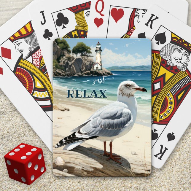 Seagull Lighthouse Coastal Beach Playing Cards (Playing cards showing an elegant illustration of a relaxing beach scene with lighthouse and seagull)