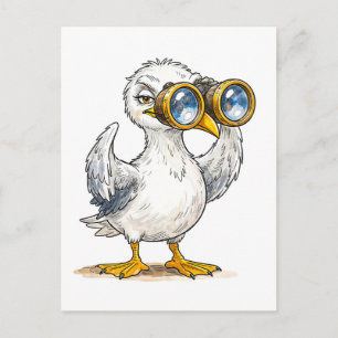 Seagull Looking Through Binoculars at the Coast Postcard
