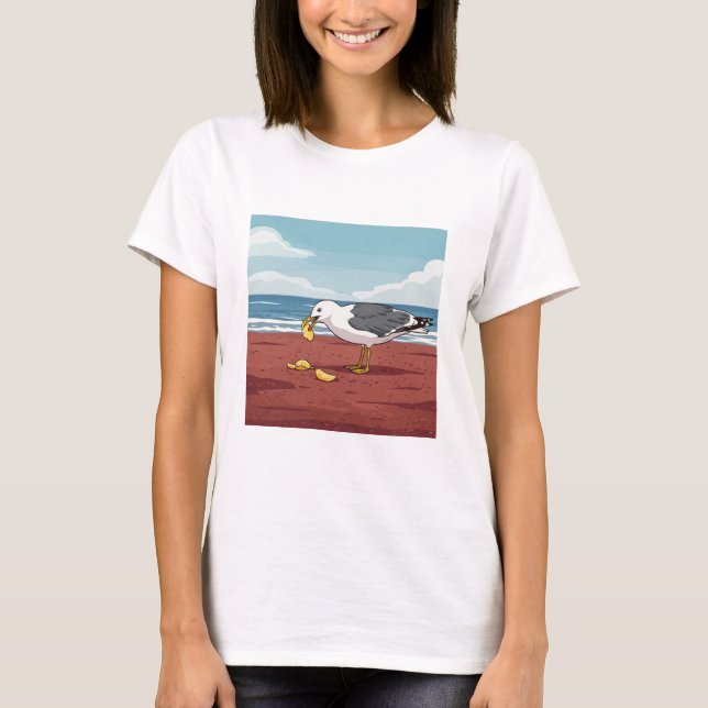 Seagull Manger une chipe sur PEI Beach T-Shirt (Devant)