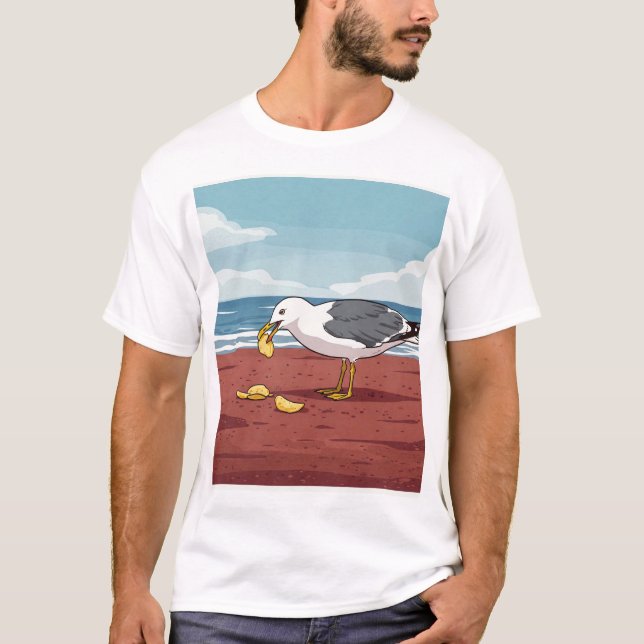Seagull Manger une chipe sur PEI Beach T-Shirt (Devant)