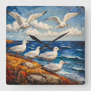 Seagull Ocean Seascape Wall Decor Nautical Style Square Wall Clock