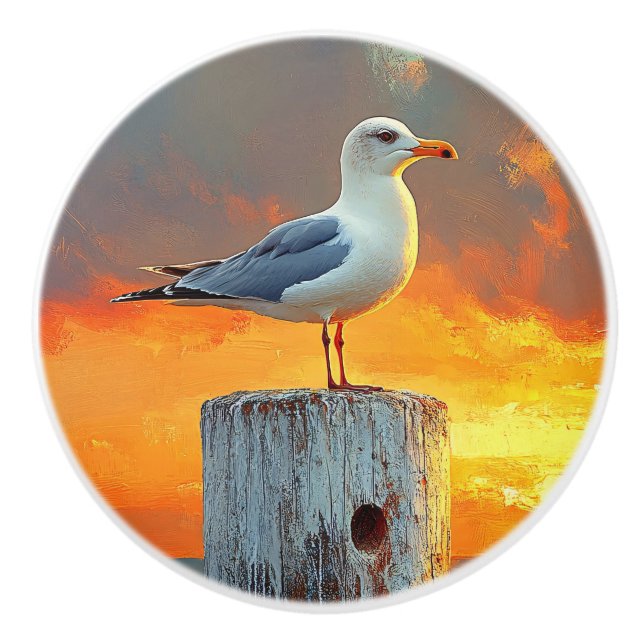 Seagull on a Post Sunset Over the Ocean Art Ceramic Knob (Front)