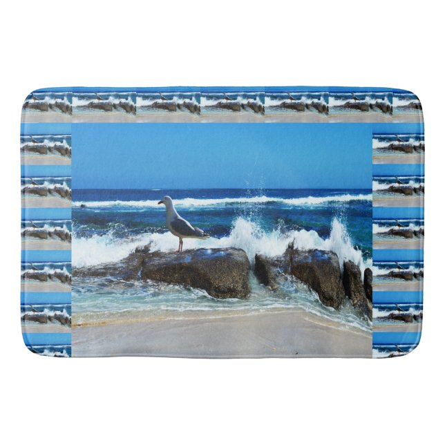 Seagull On Beach Rocks, Bath Mat (Front)