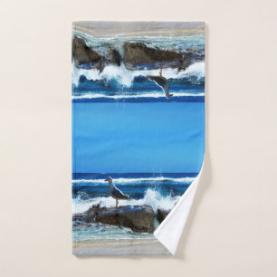 Seagull On Beach Rocks, Hand Towel