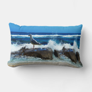 Seagull On Beach Rocks, Lumbar Pillow