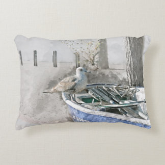 Seagull on Boat Watercolor Accent Pillow