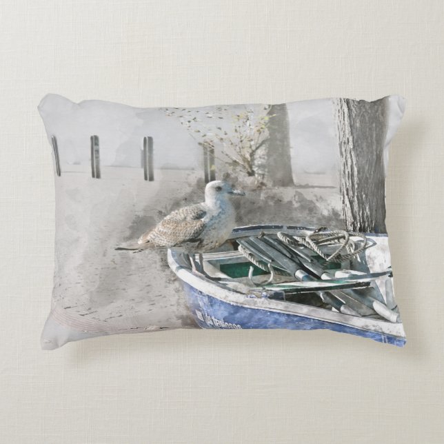 Seagull on Boat Watercolor Accent Pillow (Front)