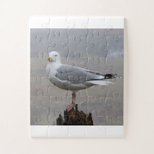 Seagull on Post when Snowing Jigsaw Puzzle