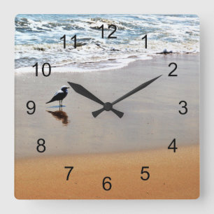 Seagull Reflection with Sand and Ocean Beach Square Wall Clock